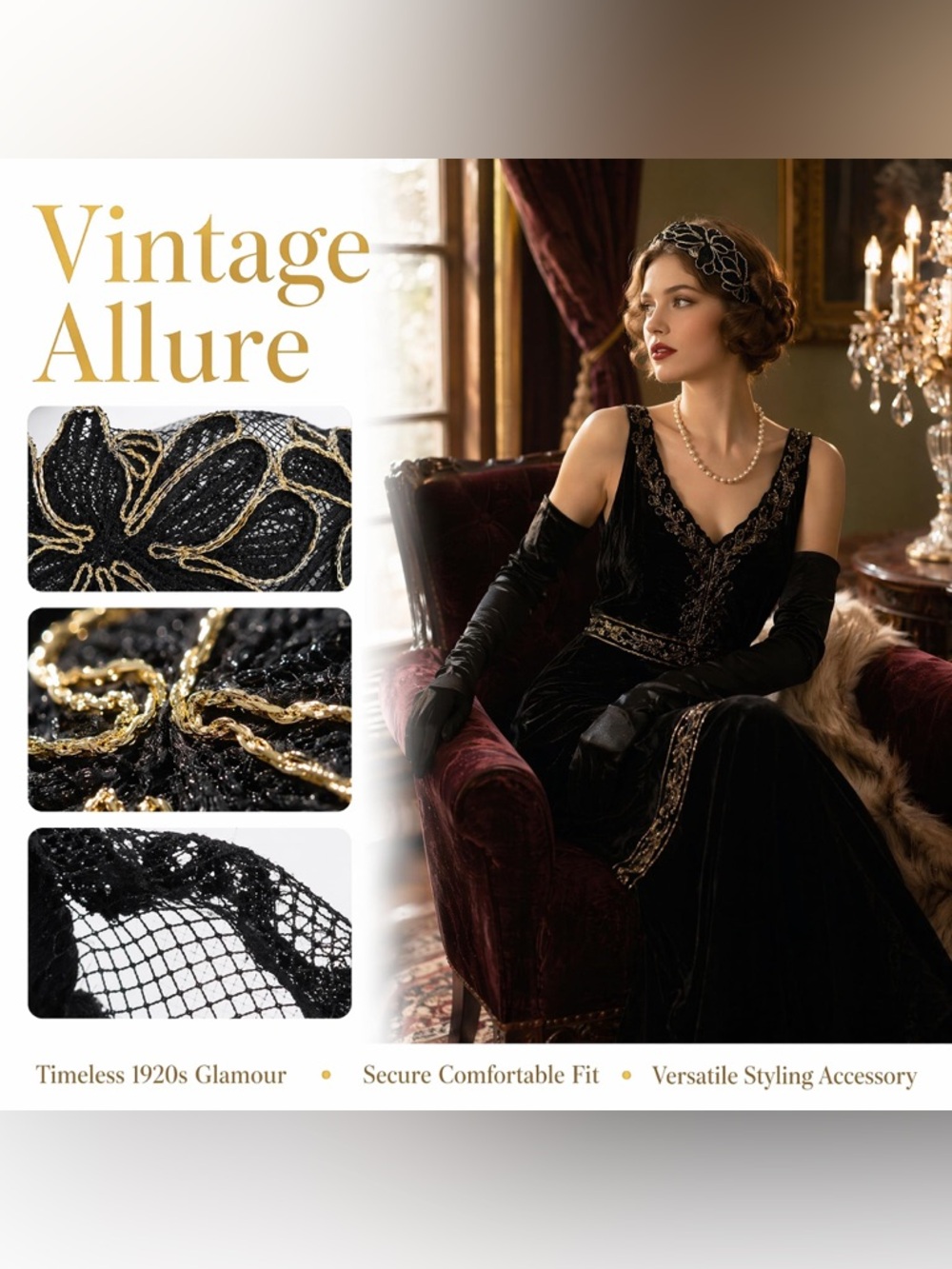 Flapper Headband for Women 1920s Vintage Floral Headpiece Elegant Black and Gold - Picture 5 of 11